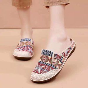 1KM Women's Slip On Art Casual Loafers Comfort Soft Shoes Linen Woven